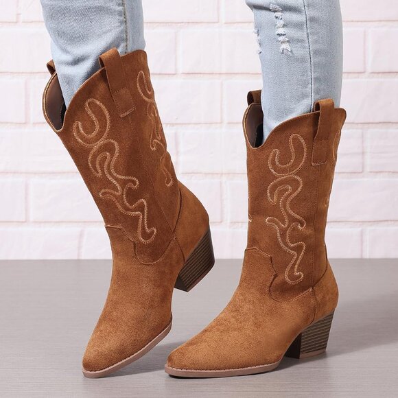 Women Brown Suede Mid Calf Chunky Block Heel Western Embroidered Fashion Boot - Picture 7 of 7